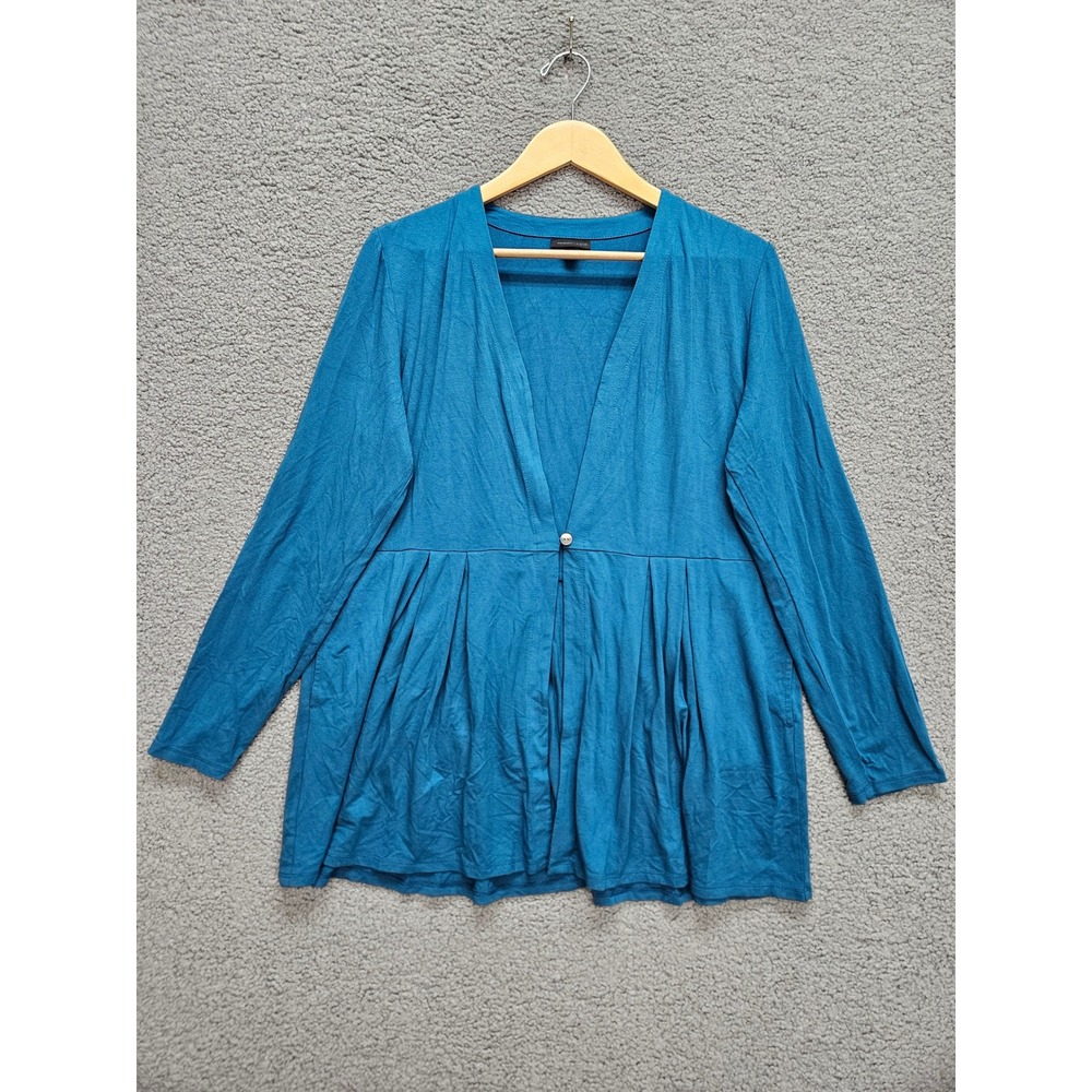 J. Jill Wearever Cardigan M Teal Blue Pleated Empire Waist Long Sleeve Tunic
